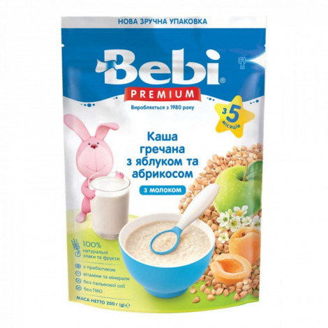 Каша молочна Bebi Premium Гречана з яблуком і абрикосами, з 5 міс., 200 г