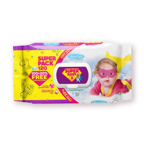 Серветки дитячі вологі "Super Baby" sensetive ромашка  та алоє 120шт.
