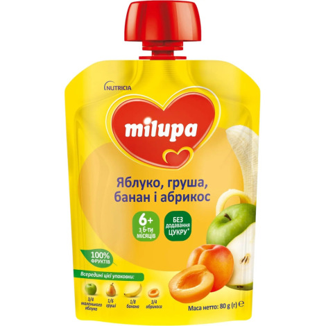 Пюре "Milupa" пауч Яблуко,Груша,Банан,Абрикос 80г