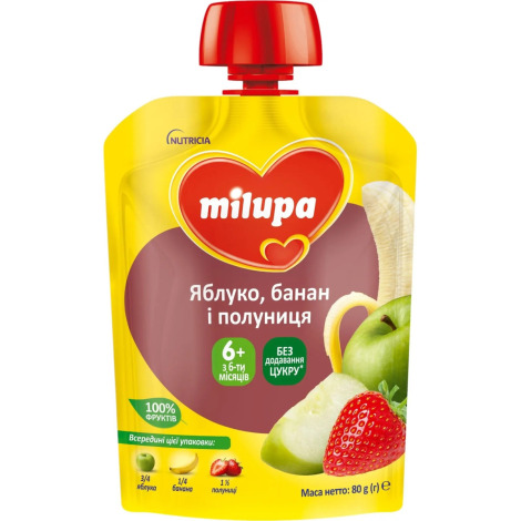 Пюре "Milupa" пауч Яблуко,Банан і Полуниця 80г